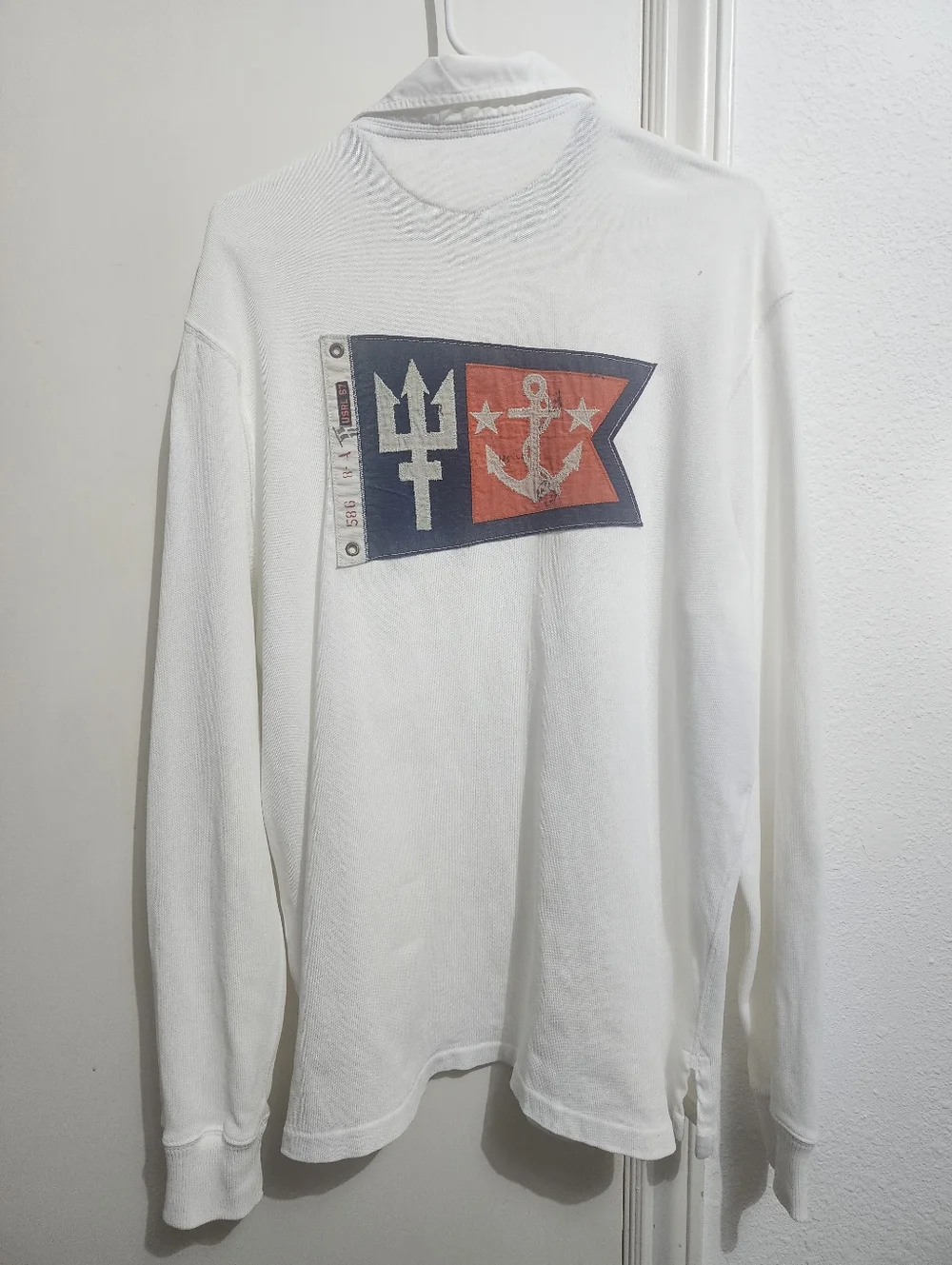 Ralph Lauren Men Vintage Naval Patch Polo Shirt White Long Sleeve Custom Fit L